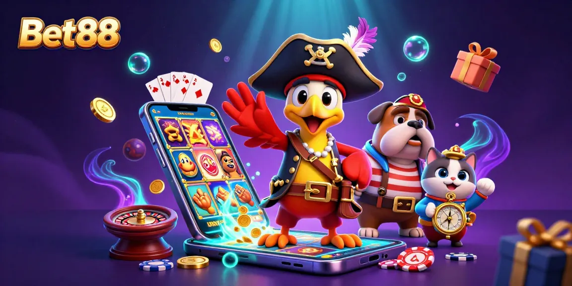 Experience thrilling gameplay with Bet88, featuring vibrant slot games, golden coins, and festive elements.