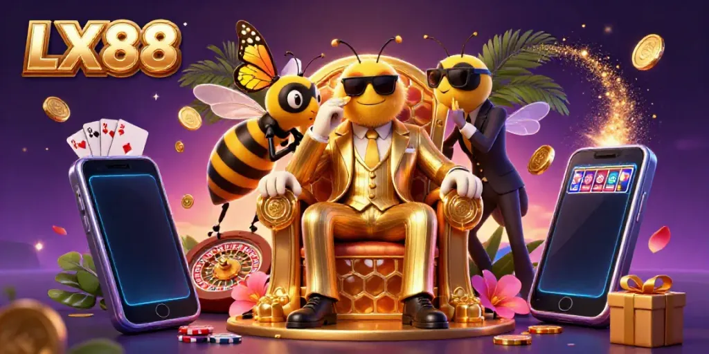 Experience LX88's immersive gaming world with a vibrant casino scene featuring a bumblebee mob boss and dynamic slot action.
