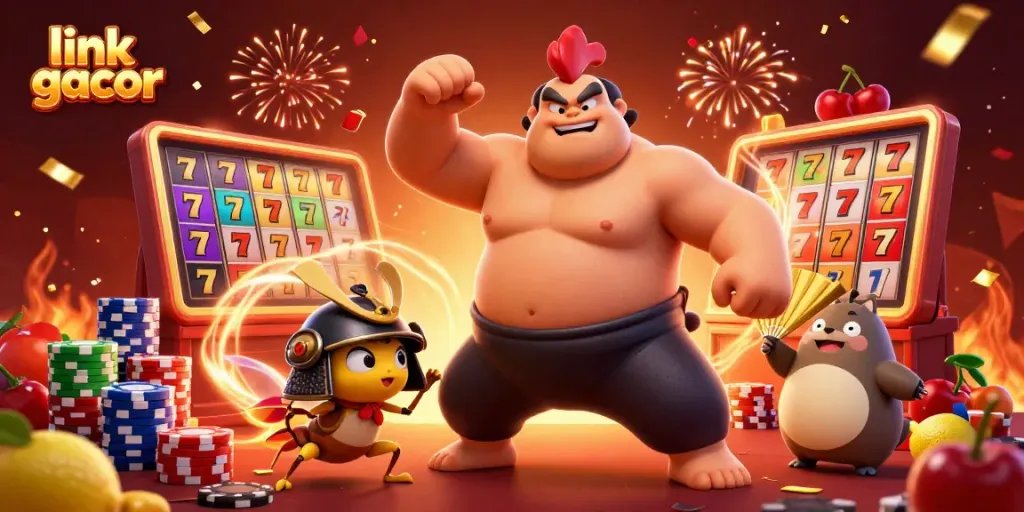 Experience the excitement of link gacor with a vibrant gambling scene featuring dynamic characters and slot elements.