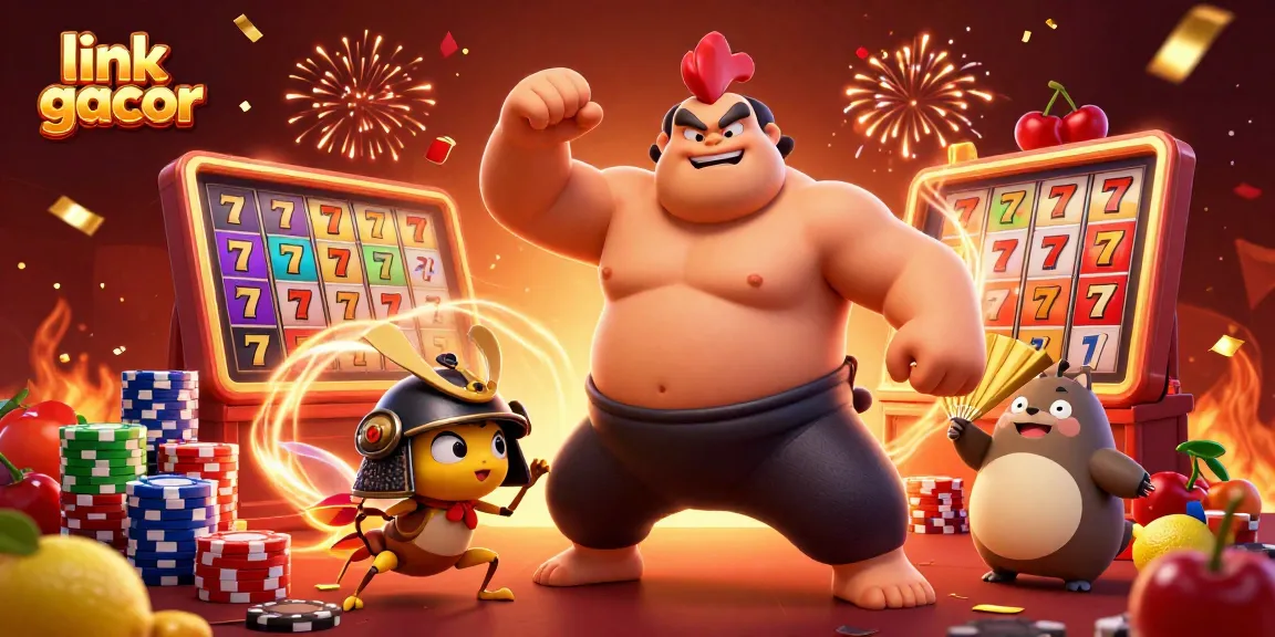 Experience the excitement of link gacor with a vibrant gambling scene featuring dynamic characters and slot elements.