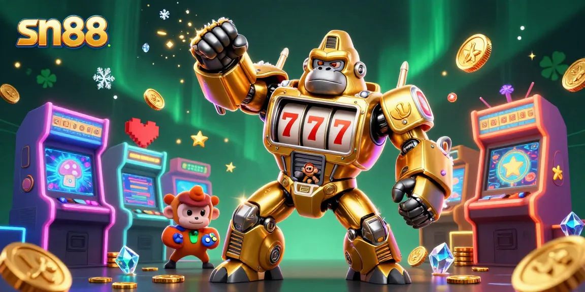 Experience the thrill of sn88 with a dynamic 3D illustration showcasing a golden gorilla mech surrounded by casino elements.