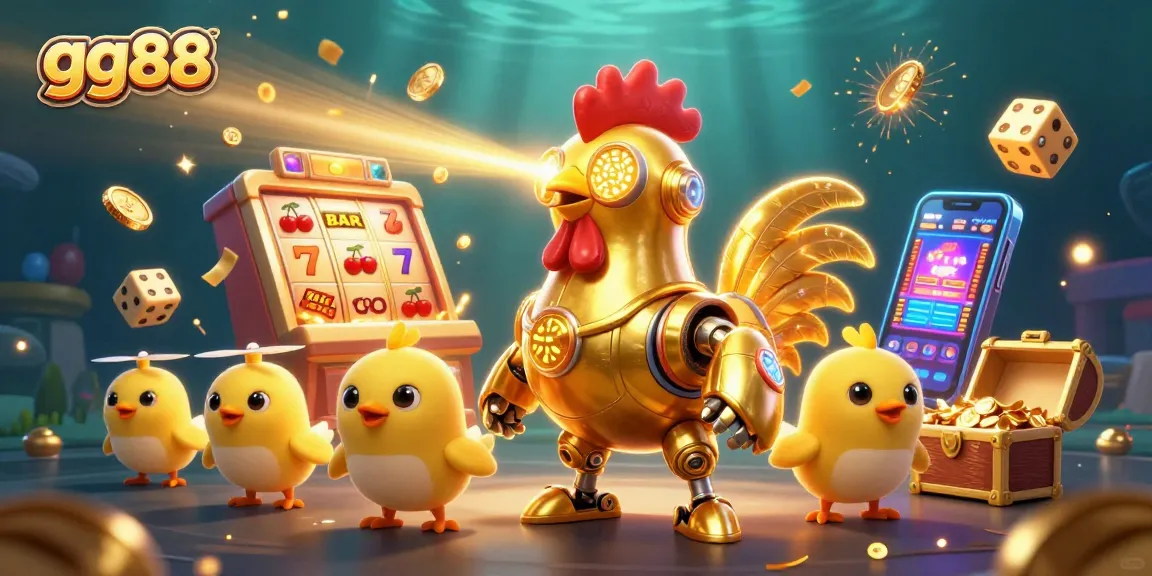 Engage in thrilling gameplay at gg88 with a dynamic casino scene featuring a golden rooster robot and slot machine.