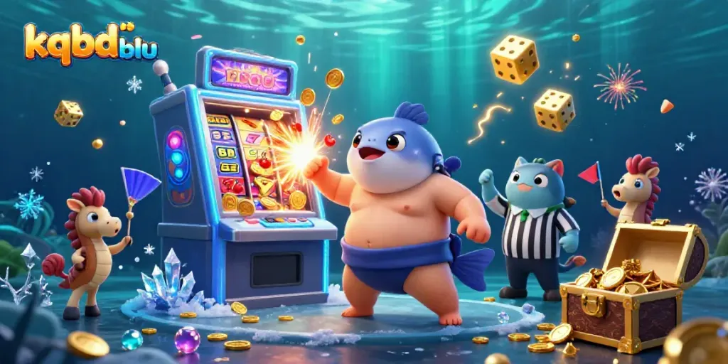 Engage with kqbd blu's immersive underwater casino scene featuring a giant fugu, slot machines, and lively spectators.