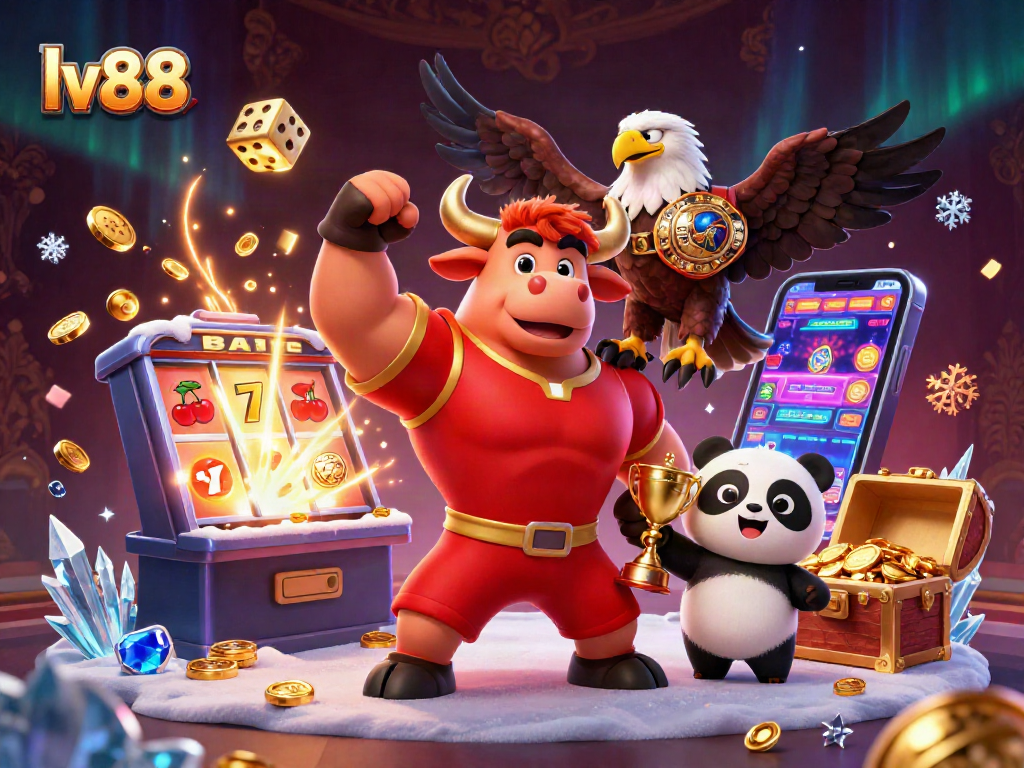 Engage with lv88's thrilling slot jackpot experience showcased by vibrant 3D casino characters.