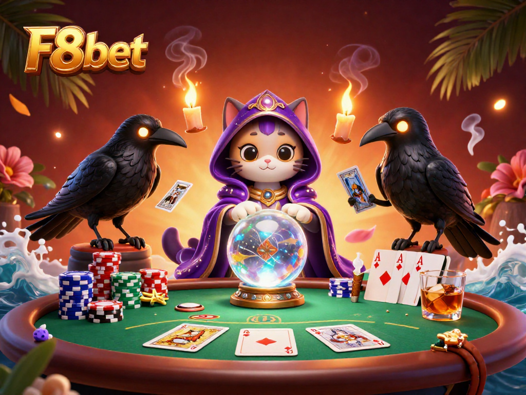 F8bet players strategize at a packed poker table filled with chips and community cards.