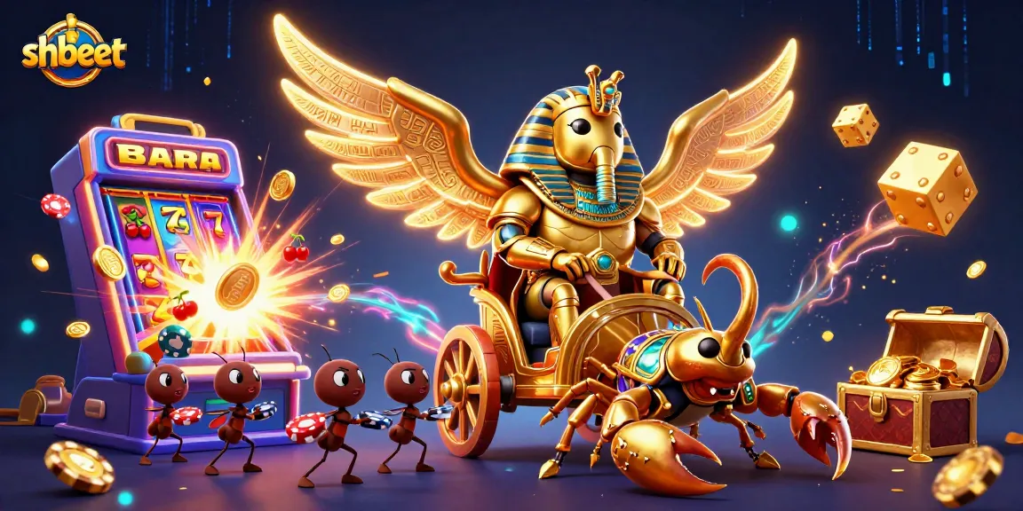 Experience thrilling adventures with shbeet's colossal golden scarab, slot machines, and dynamic casino elements.