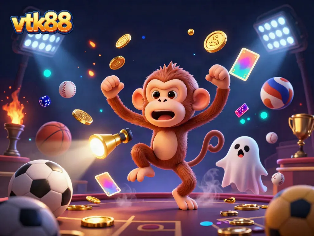 Engage in thrilling games at vtk88 with the mischievous poltergeist monkey and curious puppy in a haunted casino atmosphere.