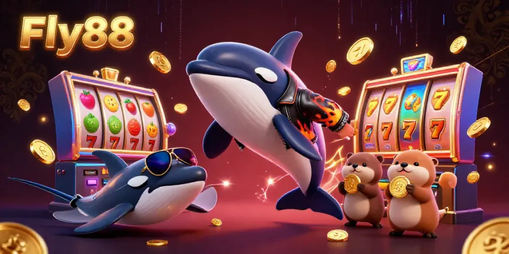 Engage with Fly88's vibrant casino experience featuring orca, stingray, and sea otters amidst gaming elements.
