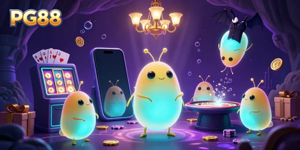 Experience PG88's vibrant casino world with animated glowworms and fun gaming elements.
