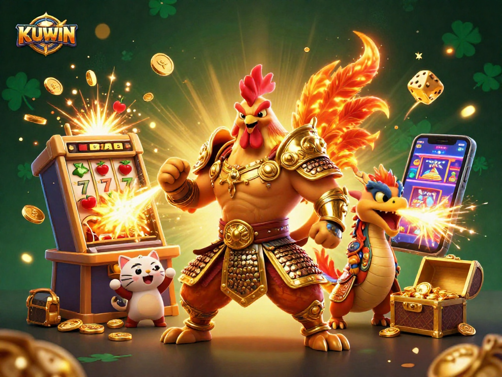Engage with KUWIN's thrilling casino adventure featuring dynamic slot machines and vibrant characters.