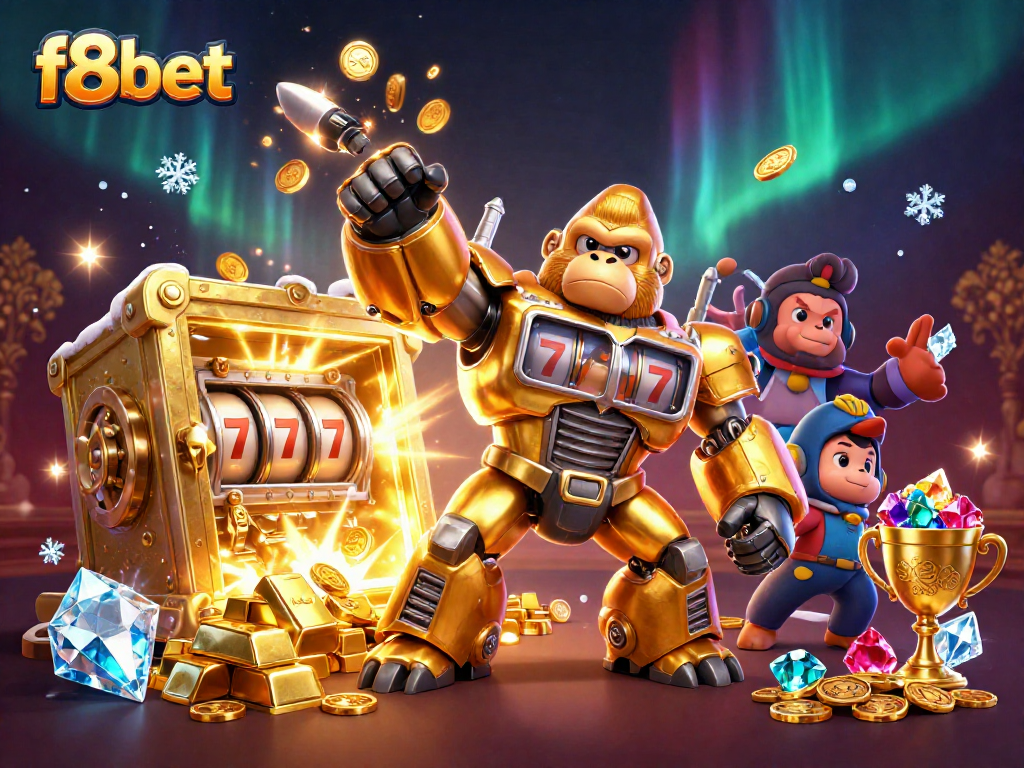 Experience excitement at f8bet with a golden gorilla mech and treasure, surrounded by dynamic casino elements.