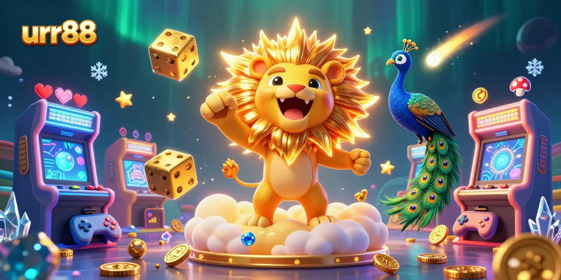 Experience thrilling gaming action with urr88, where joyful cartoon lion and cosmic dice come alive in a vibrant casino scene.