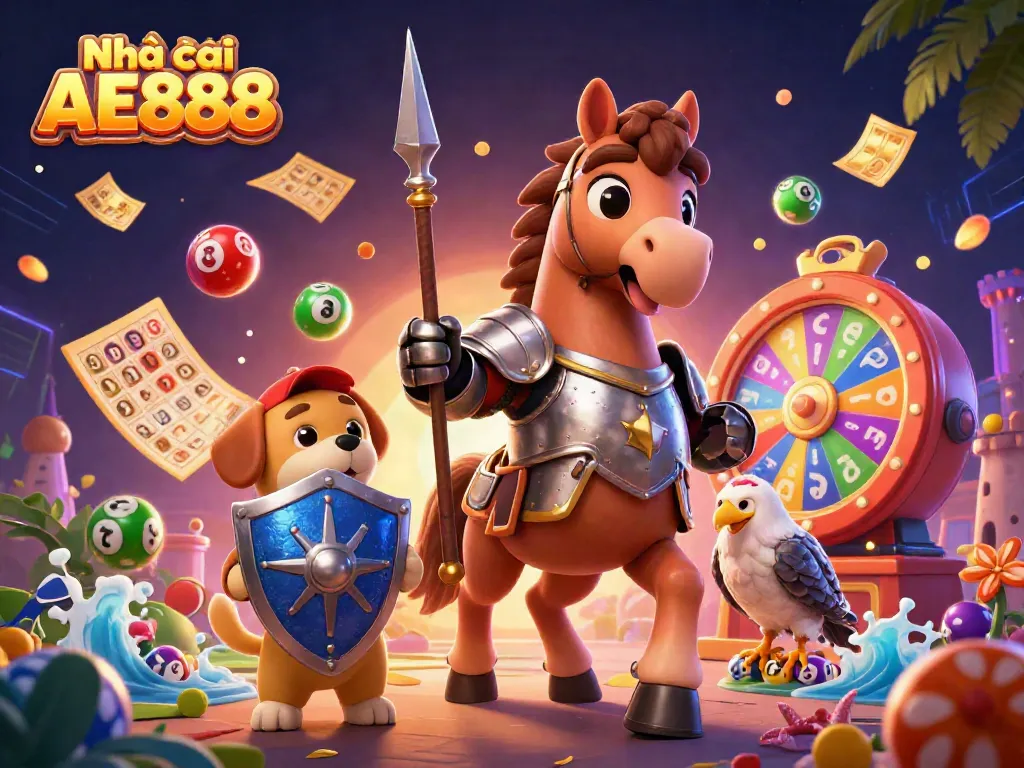 Engage with games at Nhà cái AE888 featuring vibrant scenes of casino fun and lottery excitement.