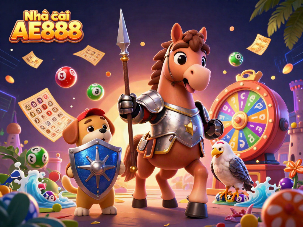 Engage with games at Nhà cái AE888 featuring vibrant scenes of casino fun and lottery excitement.