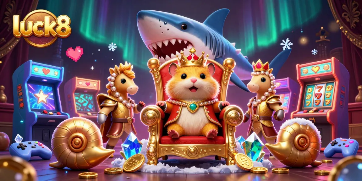 Experience fun gaming adventures at luck8 with a hamster king, seahorse guards, and vibrant casino elements.