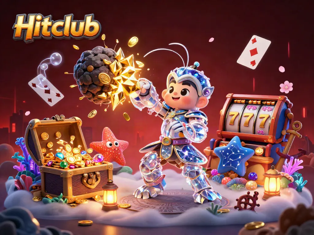 Hitclub showcases an exhilarating scene with a galactic samurai mantis shrimp and treasure bursting forth, symbolizing slots excitement.