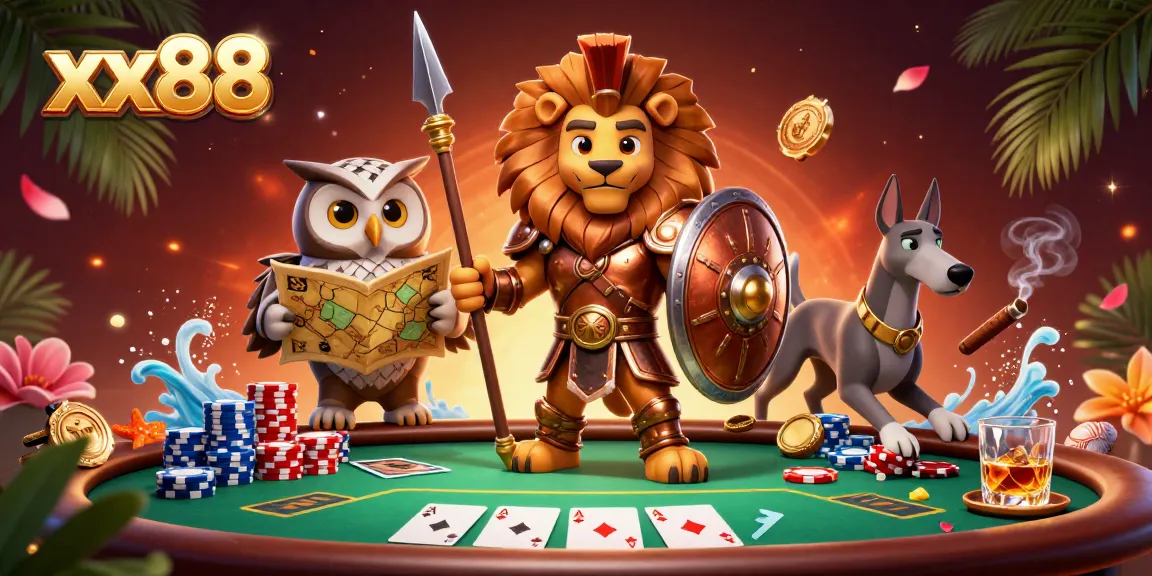 Engage in thrilling gameplay at xx88 with a dynamic casino scene featuring poker elements and an energetic atmosphere.