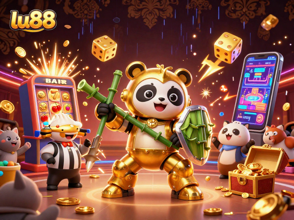 Experience excitement with lu88's golden panda fighting robot amidst a vibrant casino atmosphere.