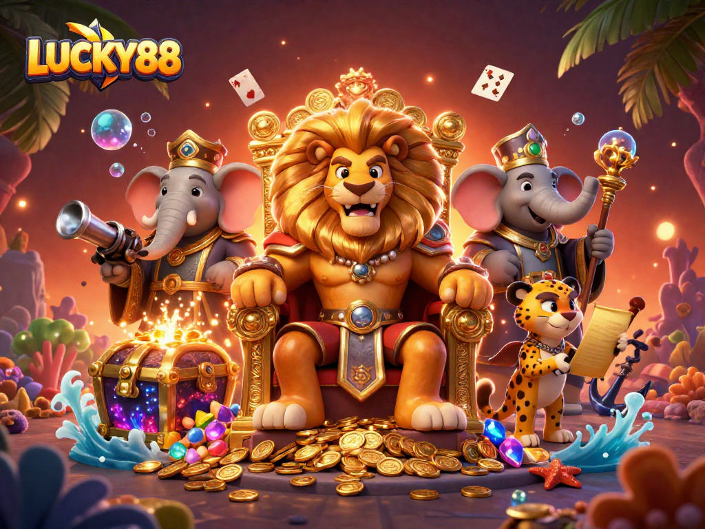 LUCKY88 brings excitement to gamers with a stunning underwater casino scene featuring vibrant characters and treasures.