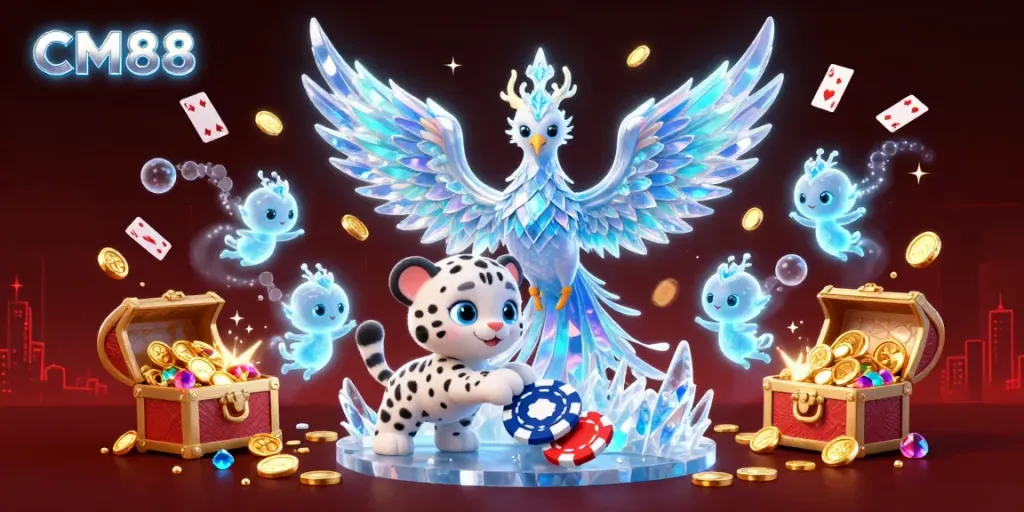 Experience exciting gaming with CM88, featuring a vibrant phoenix and playful snow leopard in a dynamic casino scene.
