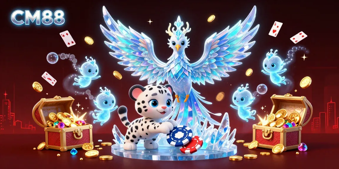 Experience exciting gaming with CM88, featuring a vibrant phoenix and playful snow leopard in a dynamic casino scene.