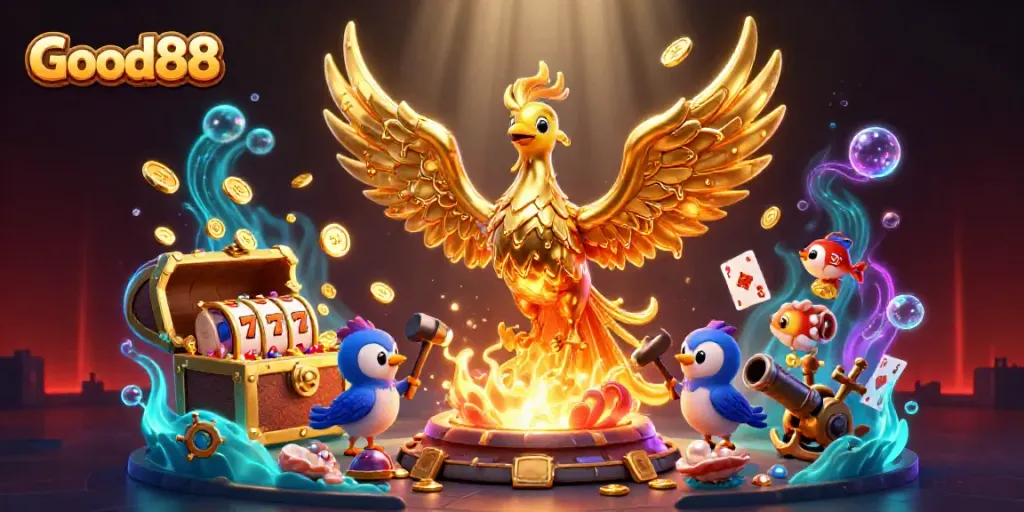 Spin the reels of Good88 as the molten phoenix showers coins in a dynamic 3D scene.