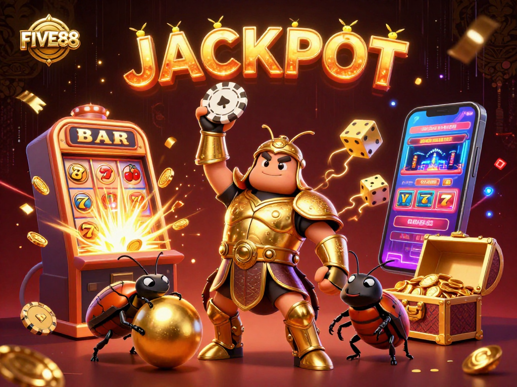 Experience the excitement of FIVE88 with a vibrant casino scene featuring a victorious beetle character and dynamic gaming elements.