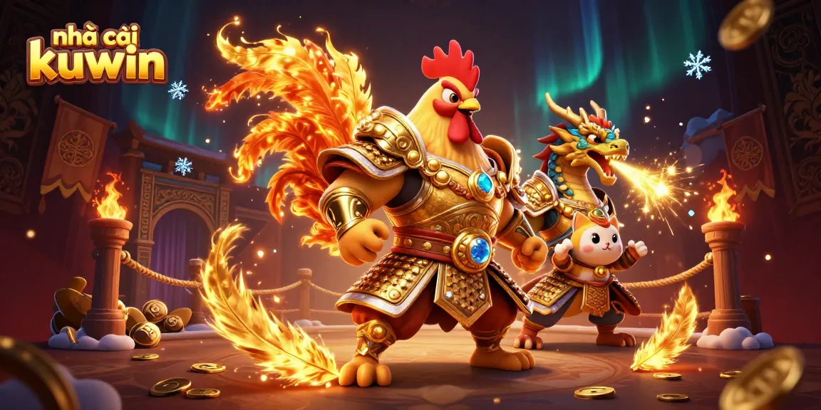 Join the excitement at nhà cái kuwin with a rooster warrior and dragon in a dynamic casino scene.