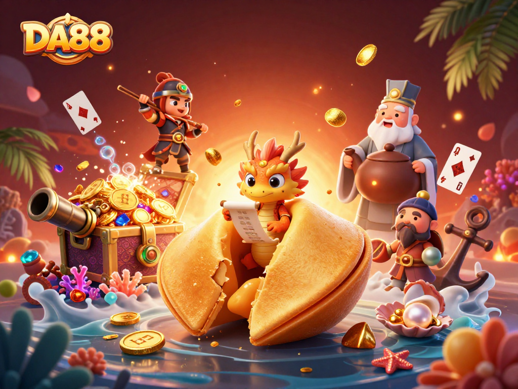Experience thrilling gaming at DA88 with a dynamic 3D cartoon scene of fortune cookies and gold treasures.
