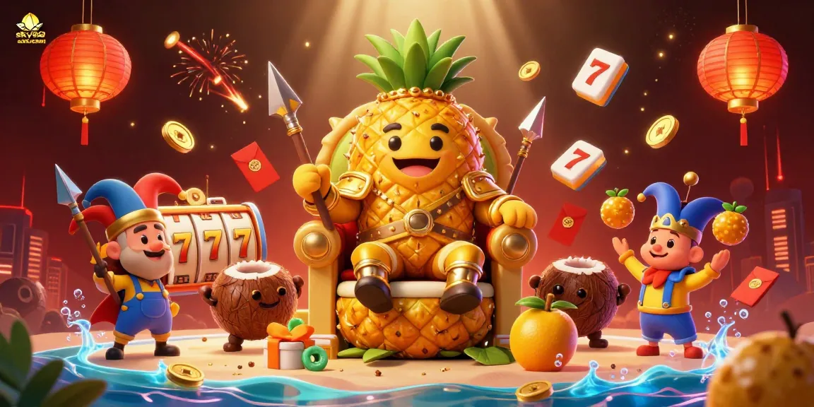 Engage in thrilling gaming at sky88 com with a vibrant scene of a golden pineapple king and dynamic slot elements.