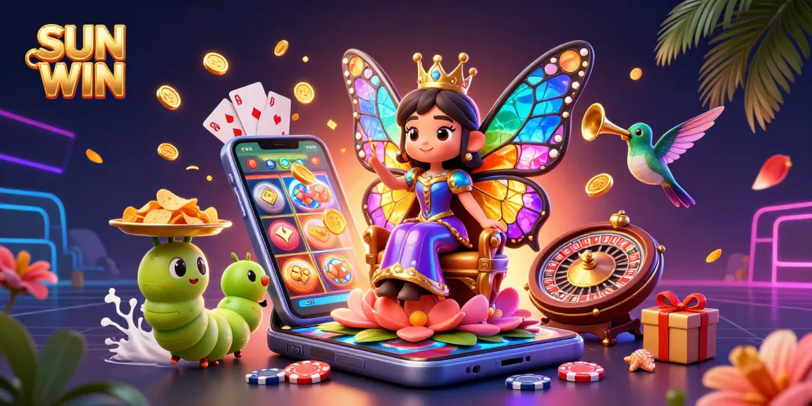 SUN WIN casino gaming scene showcasing a butterfly queen and vibrant slot games.