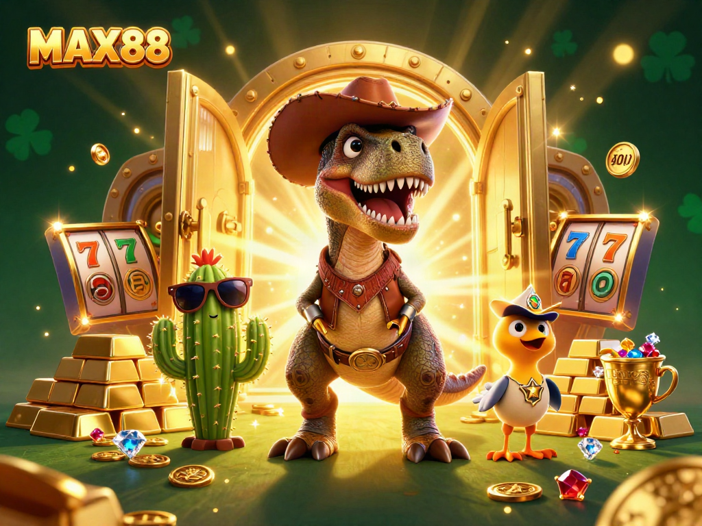 MAX88 illuminates excitement with a cowboy dinosaur, capturing jackpot thrills and casino adventure.