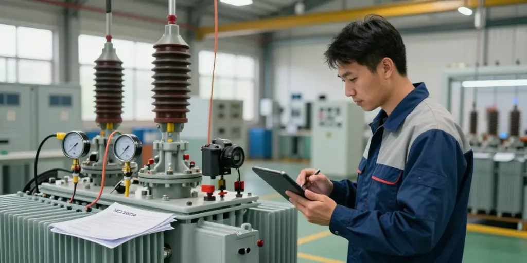 Technicus controleert de IEC 60076 transformator in een goed verlichte werkplaats, met veiligheidsuitrusting en tablet in de hand.