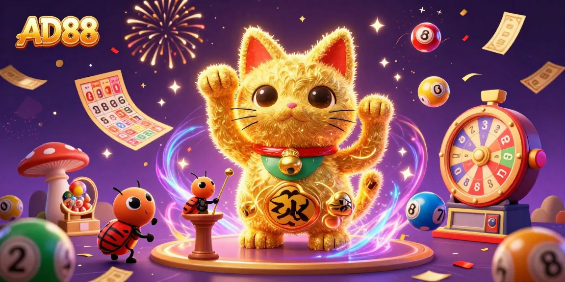 Immerse in the exciting AD88 atmosphere where golden fireflies create a lucky cat, surrounded by vibrant tickets and colorful balls.