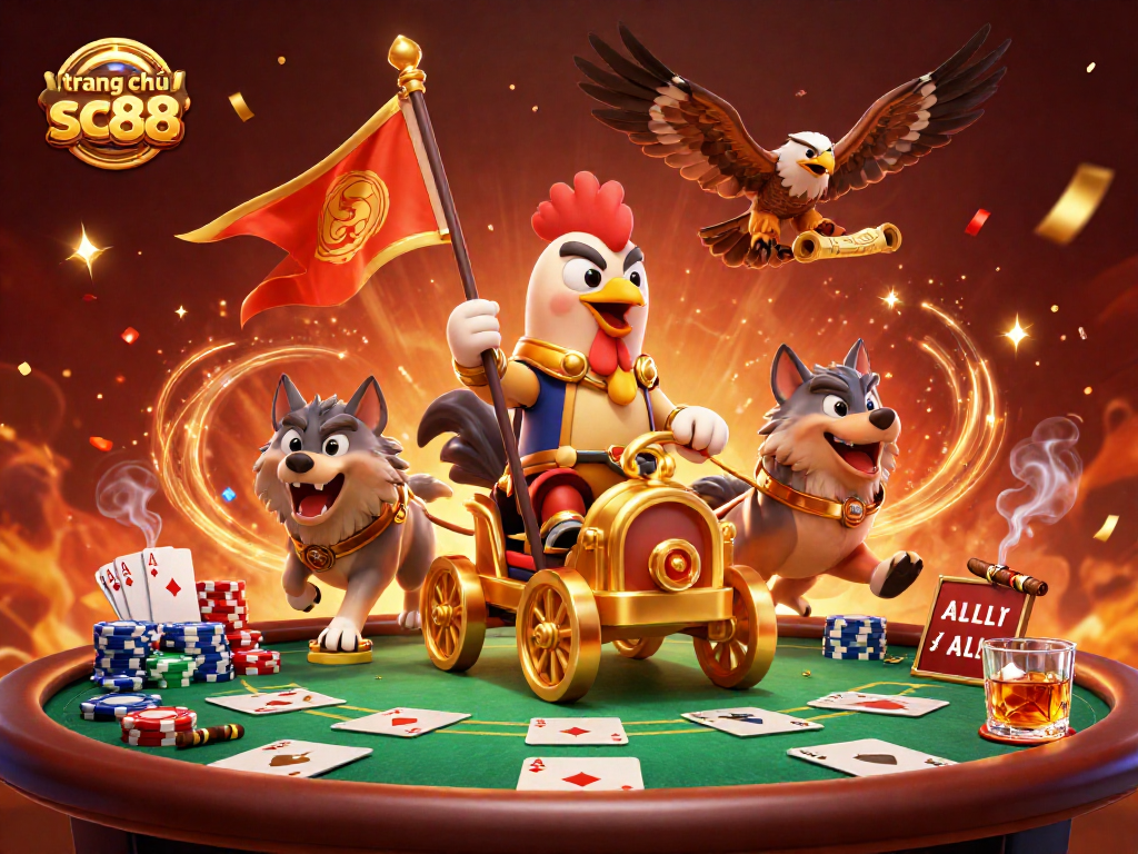 Engage in thrilling adventures with trang chủ sc88 featuring a spirited rooster warlord and poker elements.