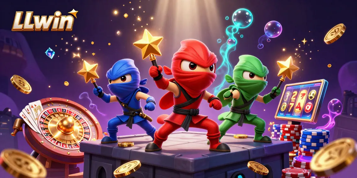 Experience thrilling action with LLwin's casino vibes embodied by ninja chameleons amidst vibrant gaming elements.