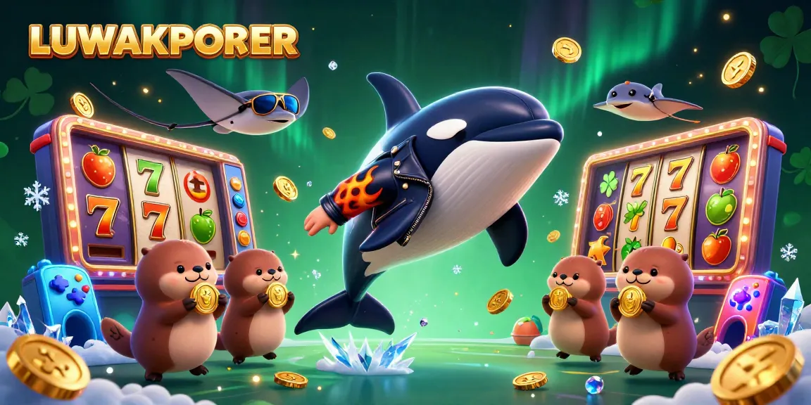 LUWAKPOKER shows a cartoon orca in a leather jacket jumping among slot reels and coins, capturing an exciting casino vibe.