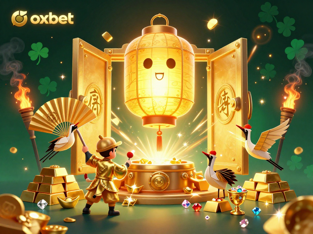 Experience thrilling fun at OXBET's dynamic casino environment with golden lanterns and treasures.