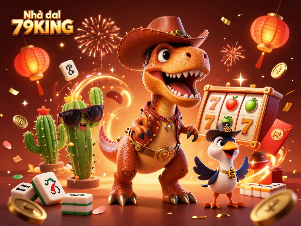 Join the fun with Nhà cái 79KING as the cowboy T-Rex, cactus, and roadrunner celebrate with casino elements.