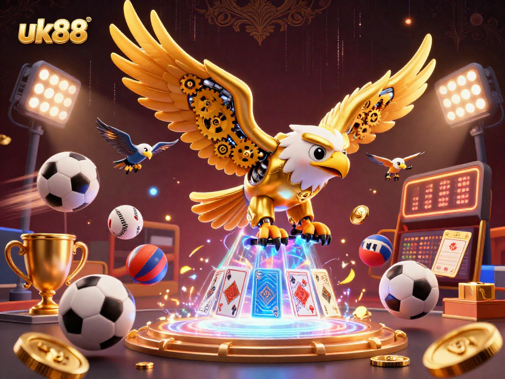 Engage with the thrilling world of uk88 as a golden eagle dives through holographic playing cards in a vibrant casino scene.
