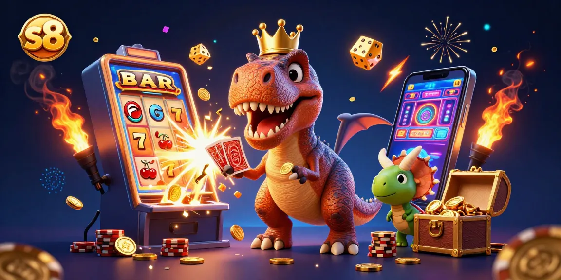Experience the excitement of S8 with playful dino characters engaging in thrilling casino action.