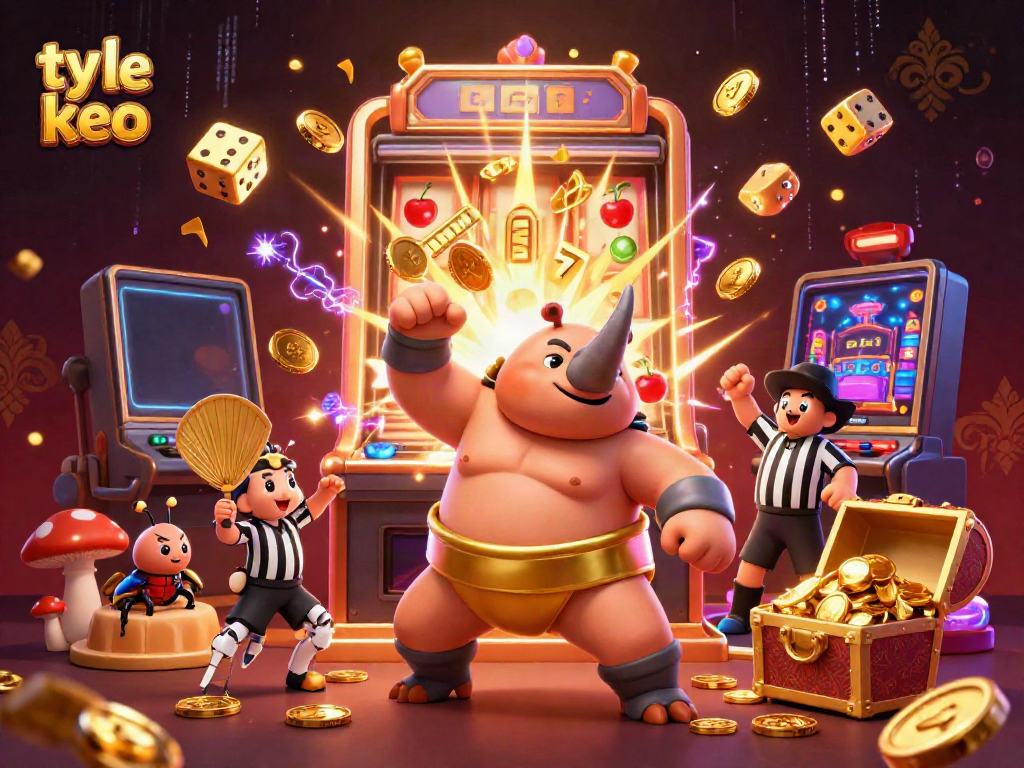 Experience ty le keo excitement as a rhinoceros beetle champion unleashes a jackpot of coins in a colorful casino scene.
