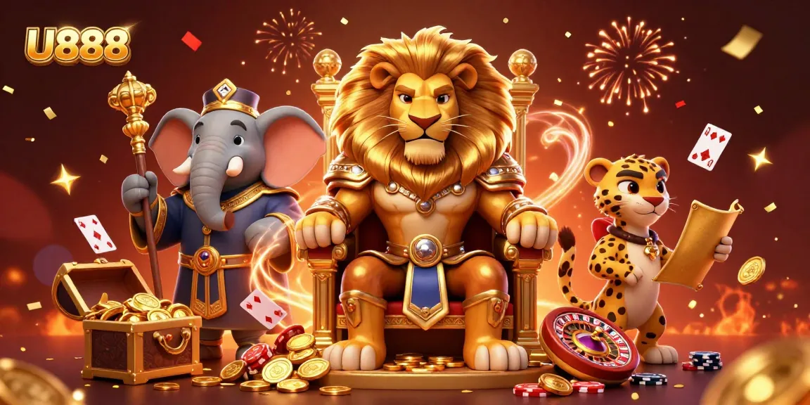 Experience U888 with thrilling 3D cartoon characters and an exciting casino scene featuring gold coins and poker elements.
