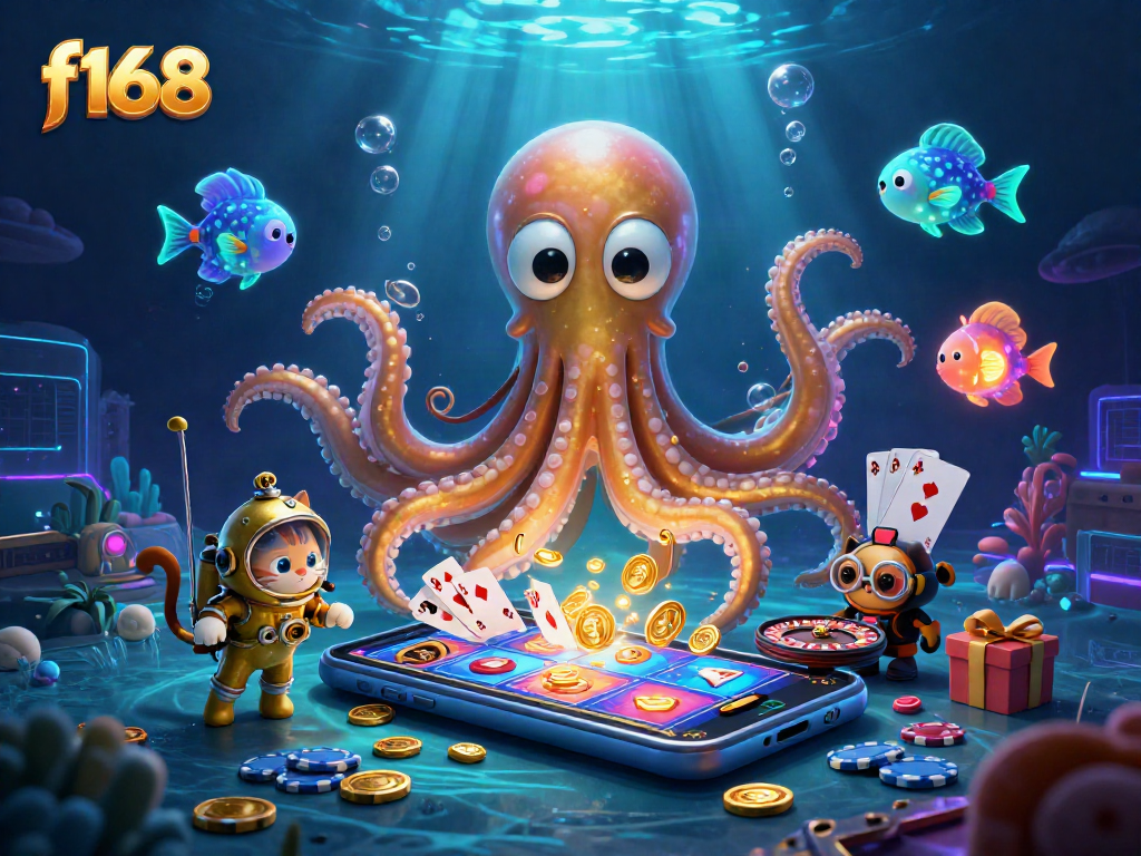Experience thrilling f168 gameplay with a colossal kraken and vintage diving cat in an ocean of winning games.