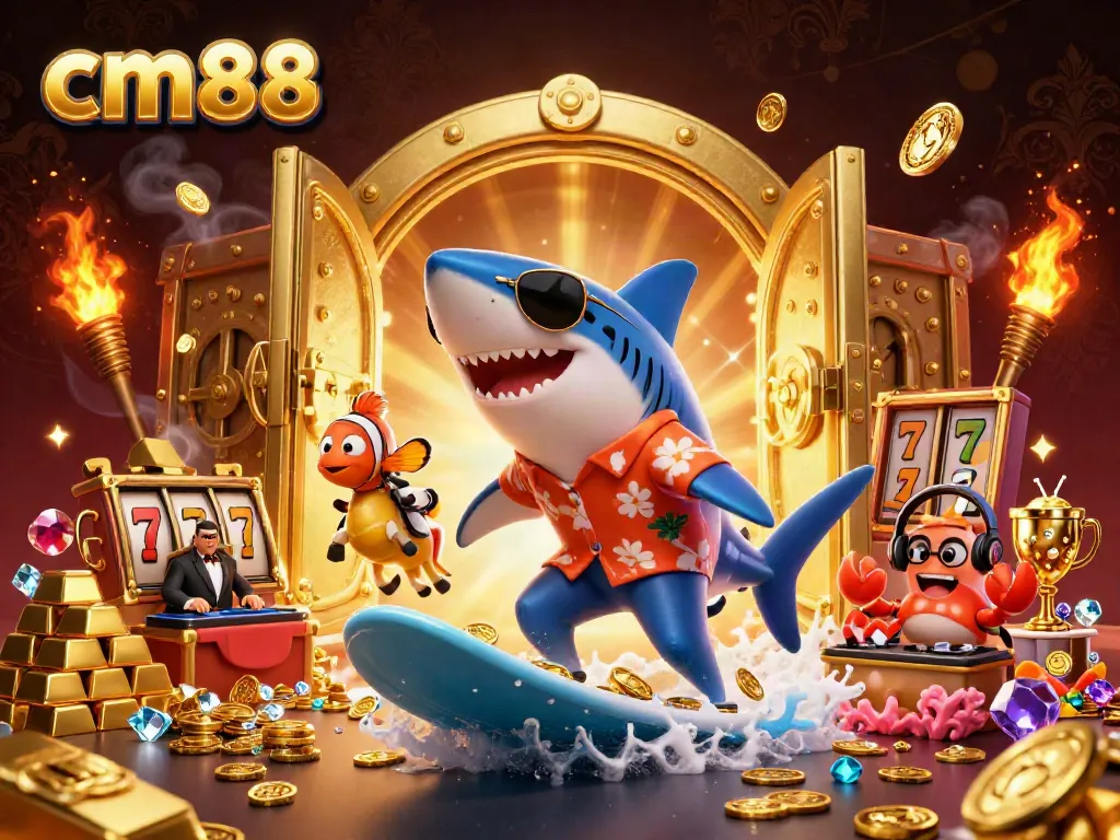 cm88 engages players with a vibrant 3D casino scene filled with gold and lively characters.