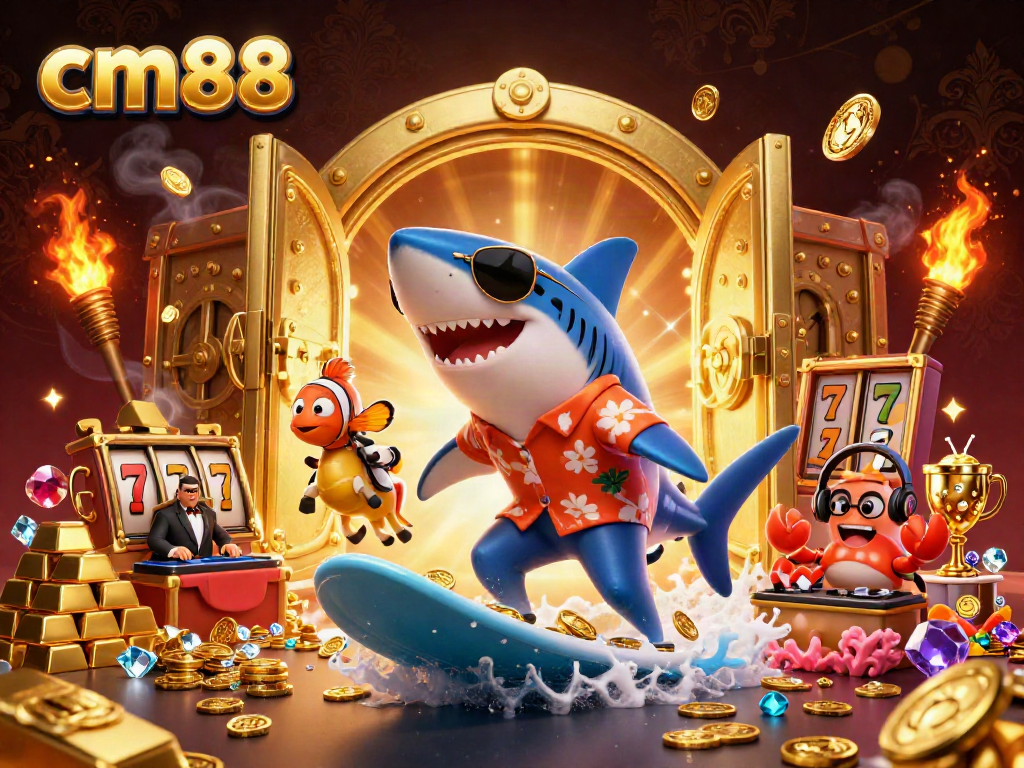 cm88 engages players with a vibrant 3D casino scene filled with gold and lively characters.