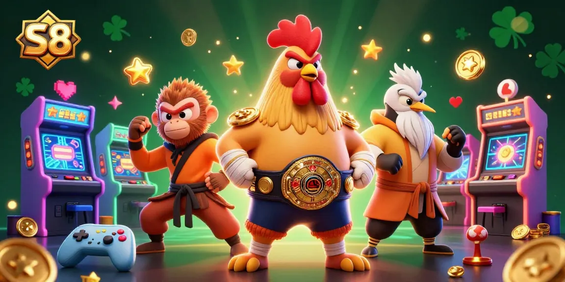 S8 offers thrilling casino experiences with a dynamic scene of cartoon characters celebrating gaming excitement.