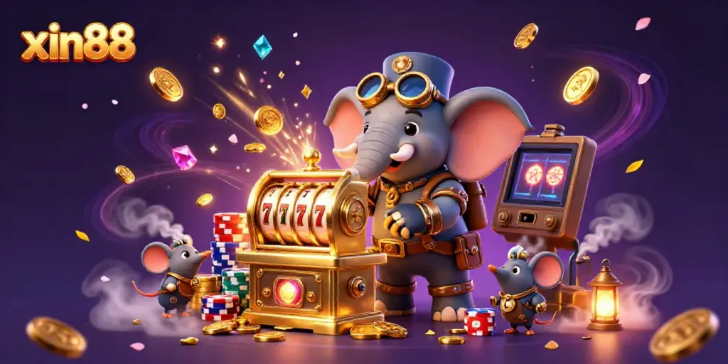 Spin the reels with xin88's steampunk-themed casino illustration showcasing dynamic gaming elements and rich visuals.
