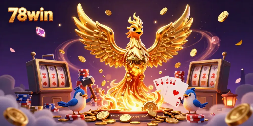 Experience the vibrant world of 78win, showcasing a molten golden phoenix amidst cascading coins and poker elements.