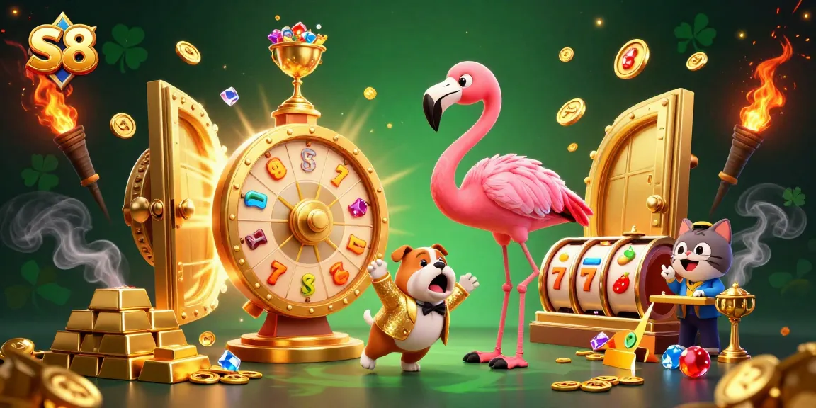 S8 spins a golden jackpot wheel as a cheerful bulldog celebrates with golden treasures scattered around.